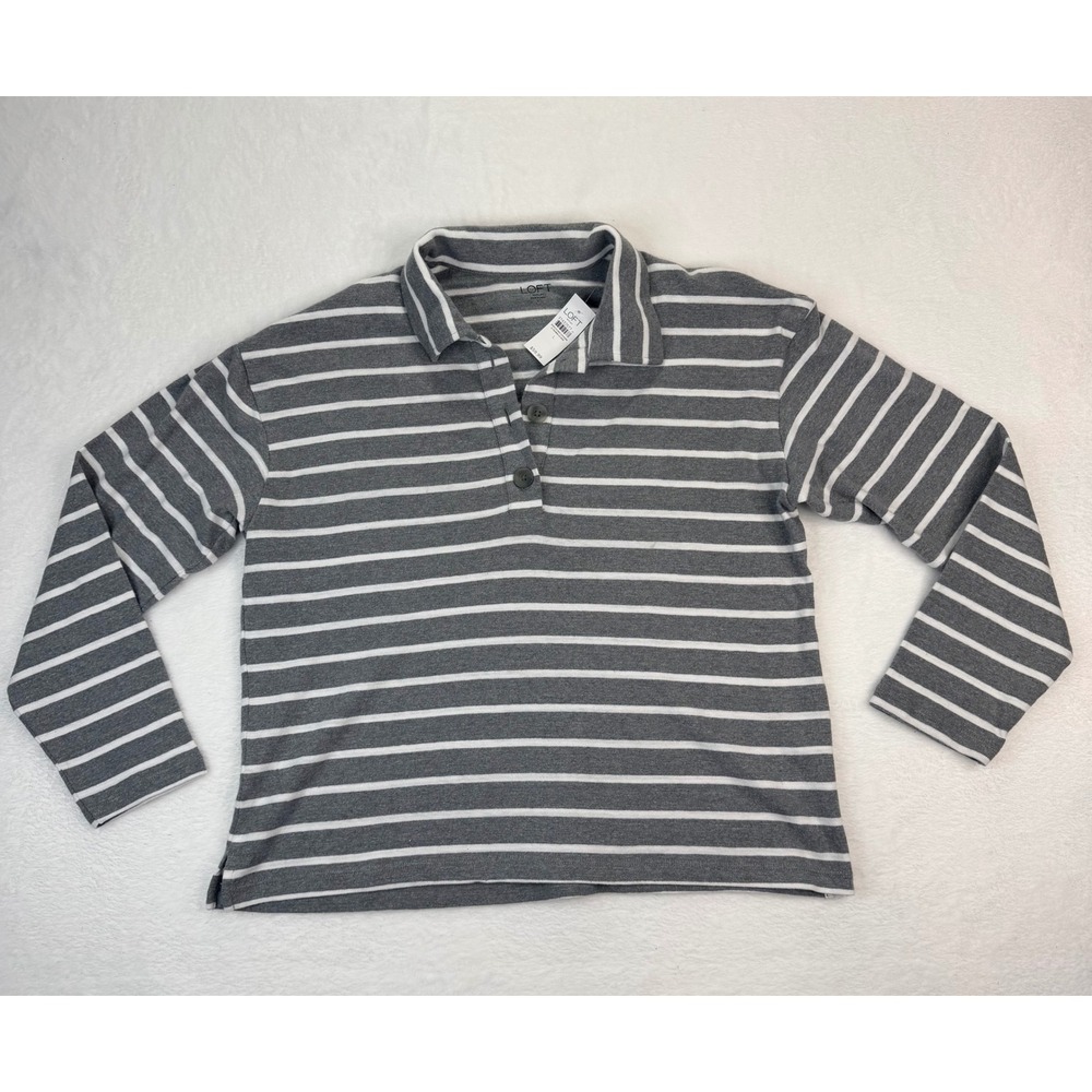 Loft Outlet Womens Grey White Striped Long Sleeve Polo Shirt Size L NEW